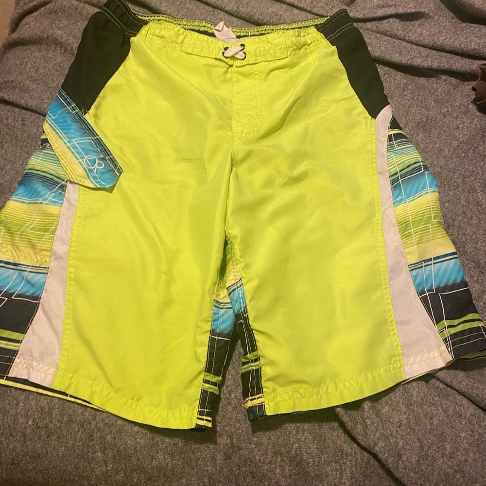 OP Green and Blue Swim Trunks with Colorful Stripes